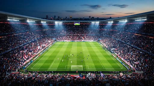 Estádio de futebol lotado ao entardecer